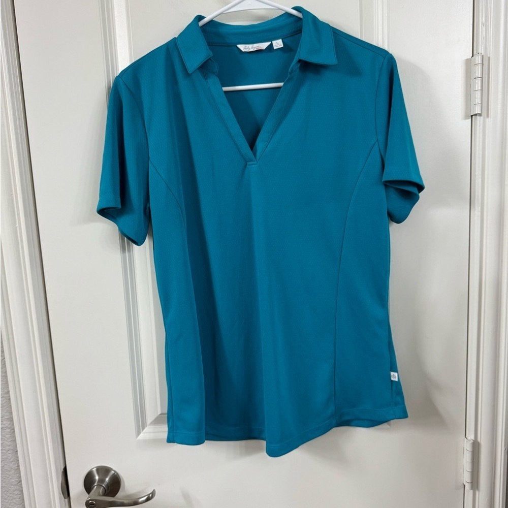 Lady Hagen Blue Fitted Button Down Polo